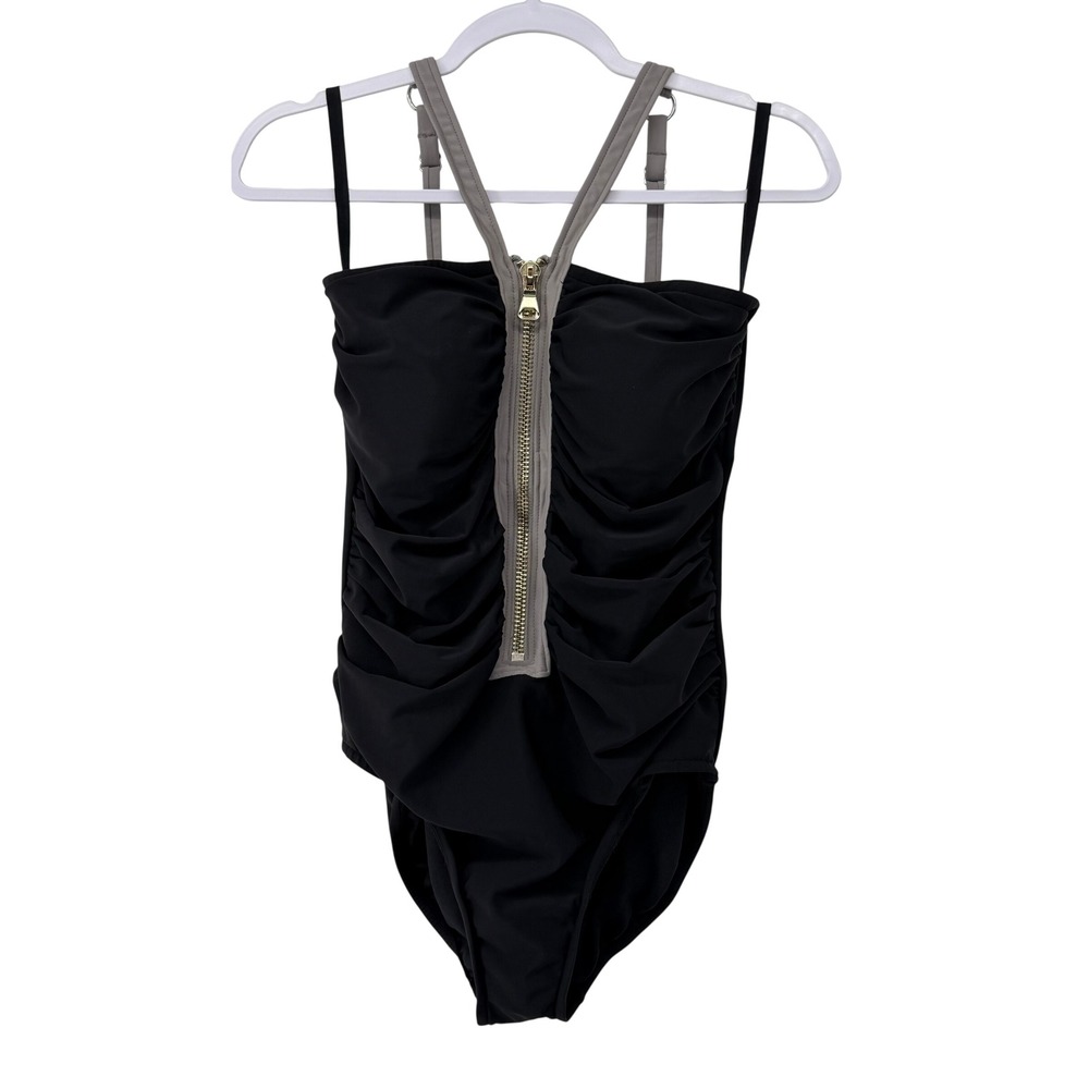 Timothy Snell Always For‎ Me Black Grey Ruched Front Zip One Piece Swimsuit 14W
